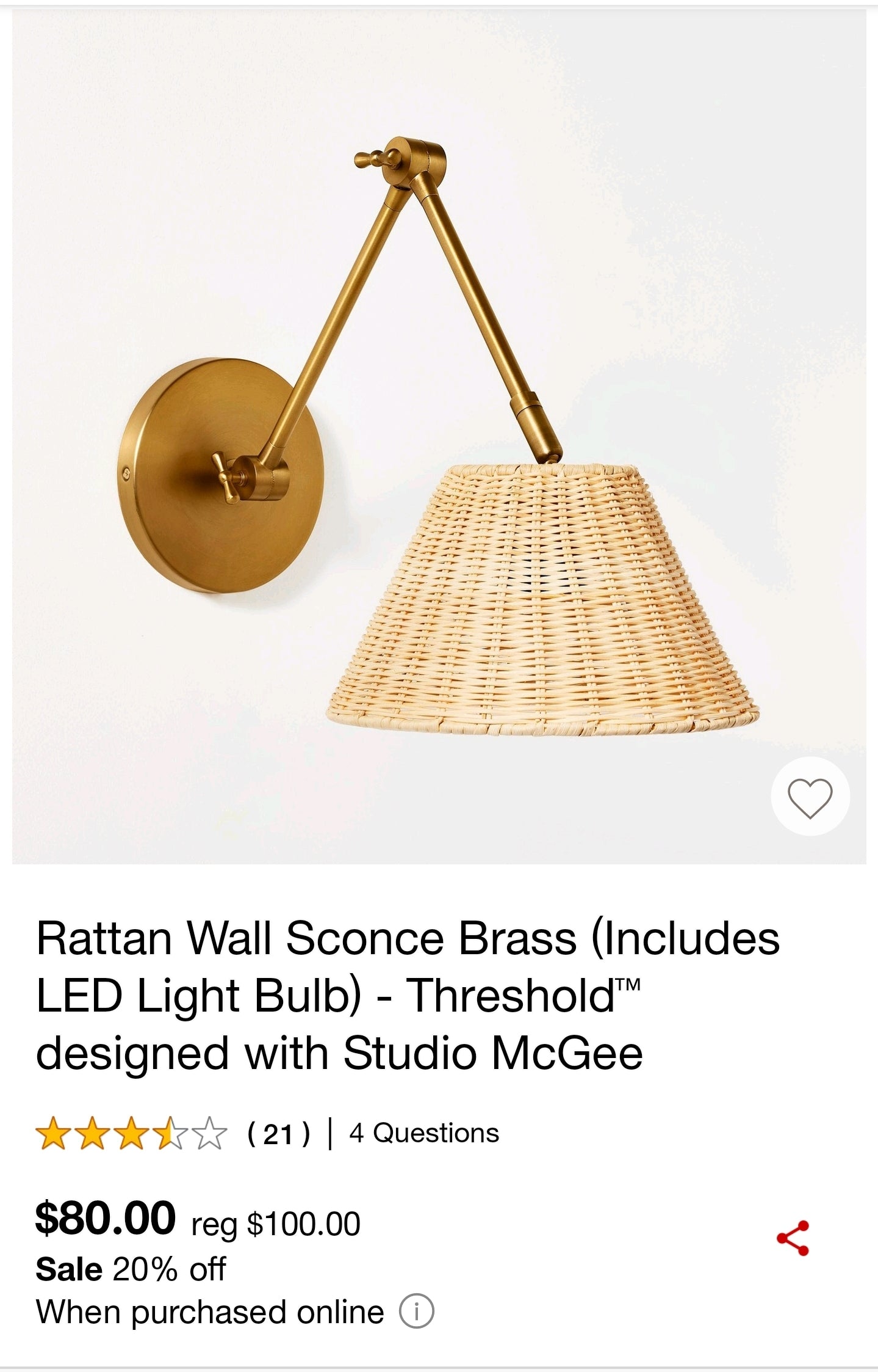 Metal Wall Sconce (includes Led Light Bulb) Brass - Threshold